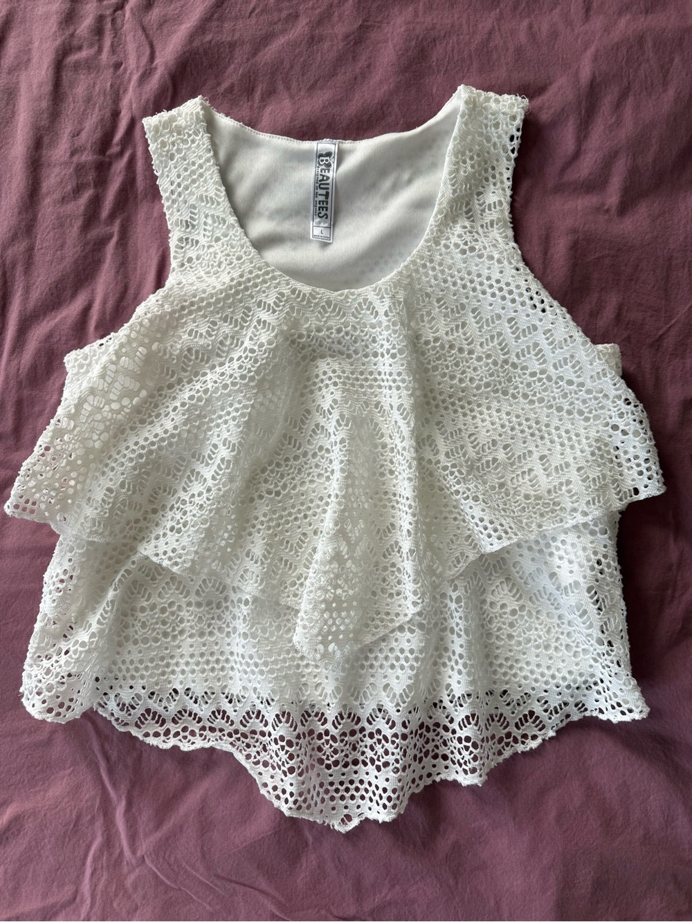 Beautees Girls Large White Crochet Lace Ruffle Tank Top Boho Sleeveless Lined
